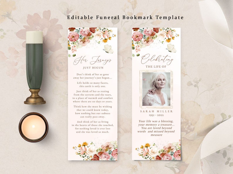 Editable Funeral Bookmark Template Garden Flowers, Celebration of Life Bookmark, Funeral Keepsake Cards, Memorial Card Remembrance FNRL image 1