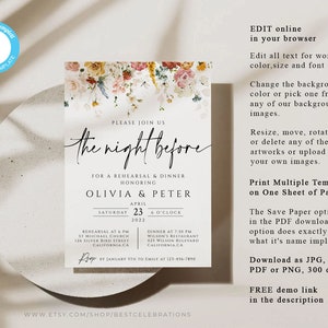 Wedding Rehearsal Template , EDITABLE The Night Before Rehearsal Dinner Invitation, Garden Flower Rehearsal Invite, Templett GF image 3