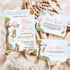 Faire-part de baby shower modifiable Winnie l'ourson, carte de remerciement ballon rose modifiable, tombola de couches, modèle de demande de livre sur toile #PWP