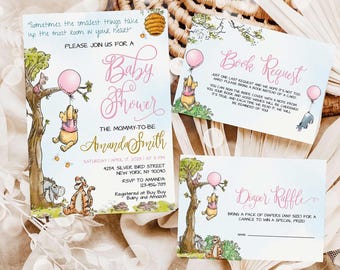 Editable Winnie the Pooh Baby Shower Invitation,  Editable Pink Balloon Thank You Card, Diaper Raffle, Book Request Canva Template #PWP