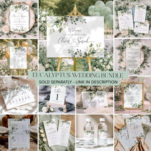 Pode incluir: Uma cole&ccedil;&atilde;o de papelaria de casamento com elementos de eucalipto. Inclui convites, menus, cart&otilde;es de mesa e uma placa de boas-vindas. A placa diz "Welcome to our wedding" com nomes e uma data. O texto "EUCALYPTUS WEDDING BUNDLE" tamb&eacute;m &eacute; vis&iacute;vel.