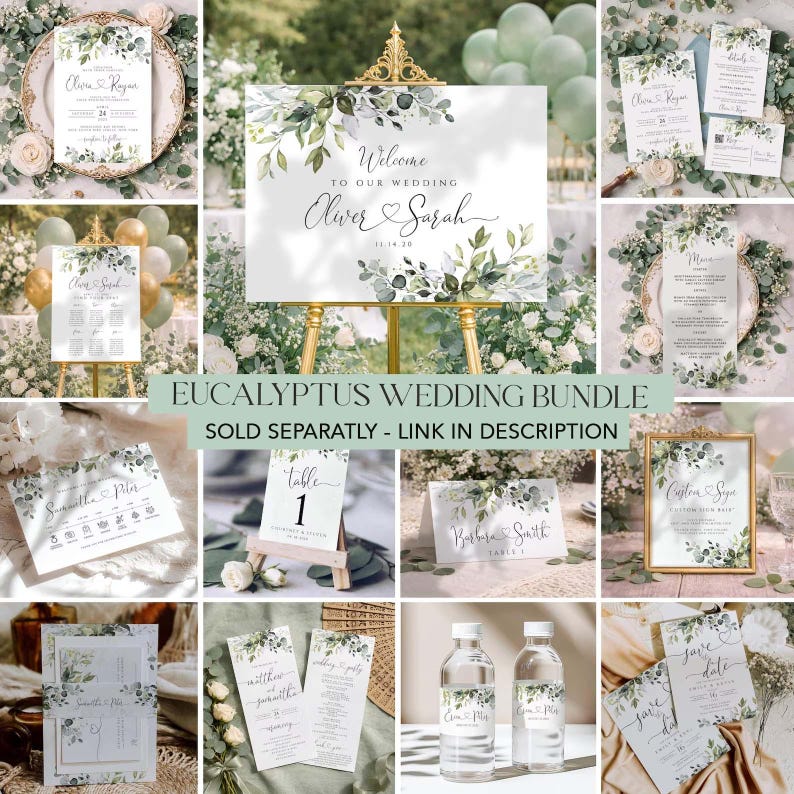 Pode incluir: Uma cole&ccedil;&atilde;o de papelaria de casamento com elementos de eucalipto. Inclui convites, menus, cart&otilde;es de mesa e uma placa de boas-vindas. A placa diz "Welcome to our wedding" com nomes e uma data. O texto "EUCALYPTUS WEDDING BUNDLE" tamb&eacute;m &eacute; vis&iacute;vel.