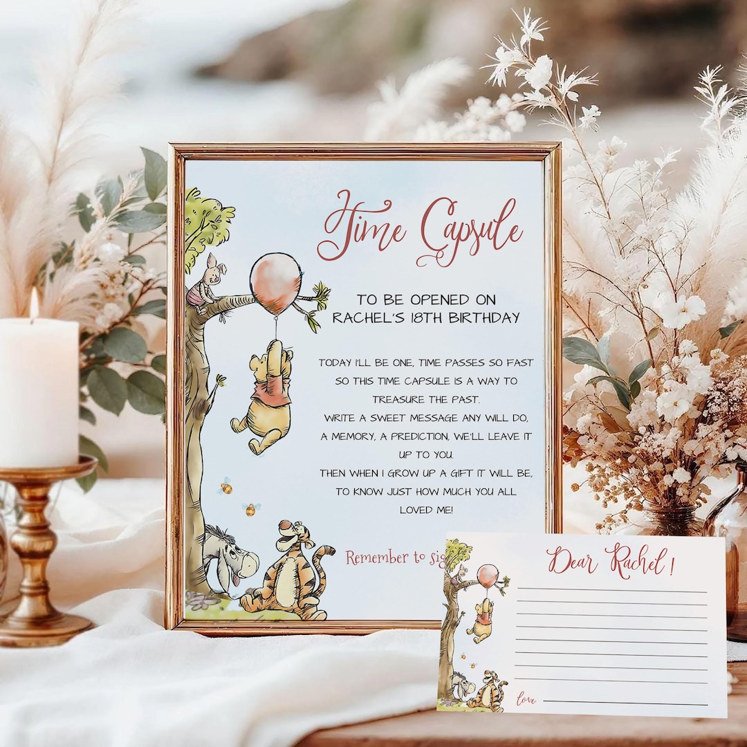 Rwp Card Winnie the Pooh 1st Birthday Time Capsule Sign & Card (canva Editable ...