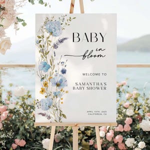 Cartello per baby shower con fiori selvatici, poster Boho blu con fiori selvatici, cartello di benvenuto con fiori da giardino, modello Canva modificabile BWFL