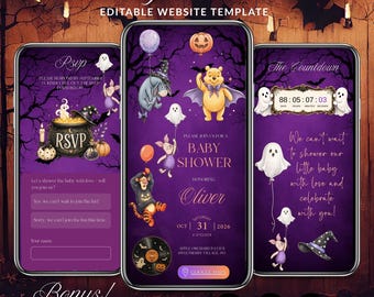 Könnte beinhalten: Drei Smartphone-Bildschirme zeigen eine Babyparty-Website-Vorlage im Halloween-Design mit violettem Hintergrund, Baum- und Fledermaussilhouetten sowie Illustrationen von kostümierten Zeichentrickfiguren, inklusive Text wie Baby Shower und RSVP.