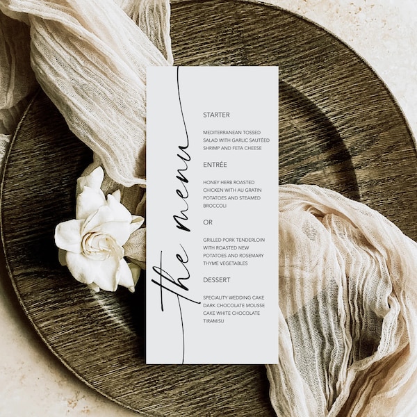 Minimal Wedding Menu Template, Modern Menu card template, Calligraphic Wedding Menu, Rustic Menu, Templett Wedding Menu card #MM1