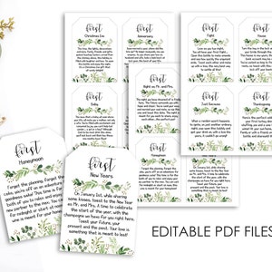 May include: Ten printable gift tags with a green and white floral design. Each tag has a different occasion written on it, such as "First Christmas", "First Anniversary", "First Fight", "First House", "First Baby", "First Night as Mr. and Mrs.", "First New Years", "First Honeymoon", "First Just Because", and "First Thanksgiving".