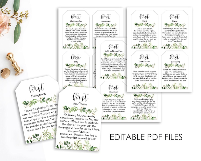 May include: Ten printable gift tags with a green and white floral design. Each tag has a different occasion written on it, such as "First Christmas", "First Anniversary", "First Fight", "First House", "First Baby", "First Night as Mr. and Mrs.", "First New Years", "First Honeymoon", "First Just Because", and "First Thanksgiving".