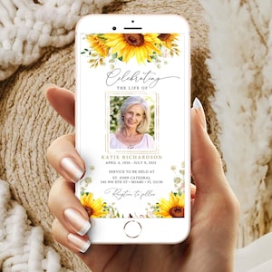 Funeral Evite Sunflower  Electronic Funeral Announcement Editable Invitation for Smartphones Celebration of Life Canva Template #FNRL