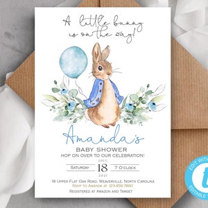 Invito per baby shower a tema Peter Rabbit blu, invito a tema Peter Rabbit, invito per baby shower, invito a tema per ragazzi, modello modificabile, #PR
