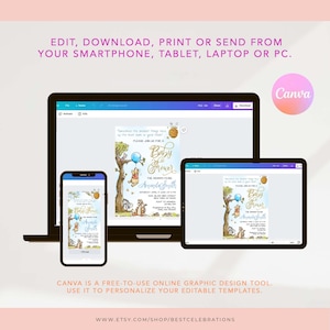 May include: A digital design template for a baby shower invitation featuring Winnie the Pooh and Piglet characters. The invitation is blue and yellow with the text "Baby Shower" and "Please join us for a Baby Shower".