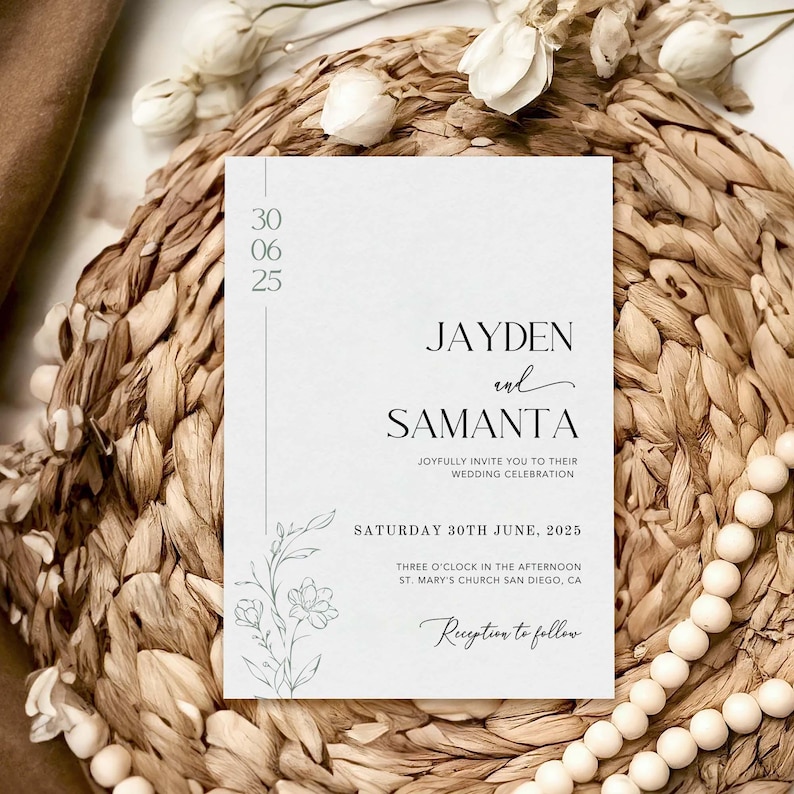 May include: A white wedding invitation with a simple design. The invitation features the names Jayden and Samanta, the date Saturday 30th June, 2025, and the time three o'clock in the afternoon. The invitation also includes the location St. Mary's Church San Diego, CA. The invitation is decorated with a small floral illustration.