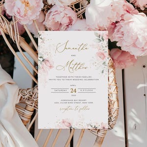 May include: A wedding invitation with a floral design featuring pink flowers and gold accents. The invitation reads "Samantha and Matthew" with the date "Saturday, April 24, 2025, 6 o'clock" and the location "Horseshoe Bay Resort, 4254 Silver Bird Street, New York. Reception to follow."