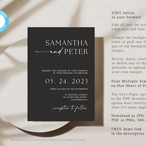 Black Wedding Invitation with QR Code, Minimal Wedding Invite Suite, Modern Invite, Simple Editable Invite Template, MM2 imagem 5