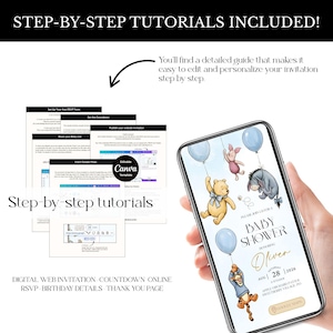May include: A smartphone displays a baby shower invitation featuring Winnie the Pooh characters and blue balloons. The screen shows the text "Baby Shower" and event details. The image also includes step-by-step tutorial instructions.