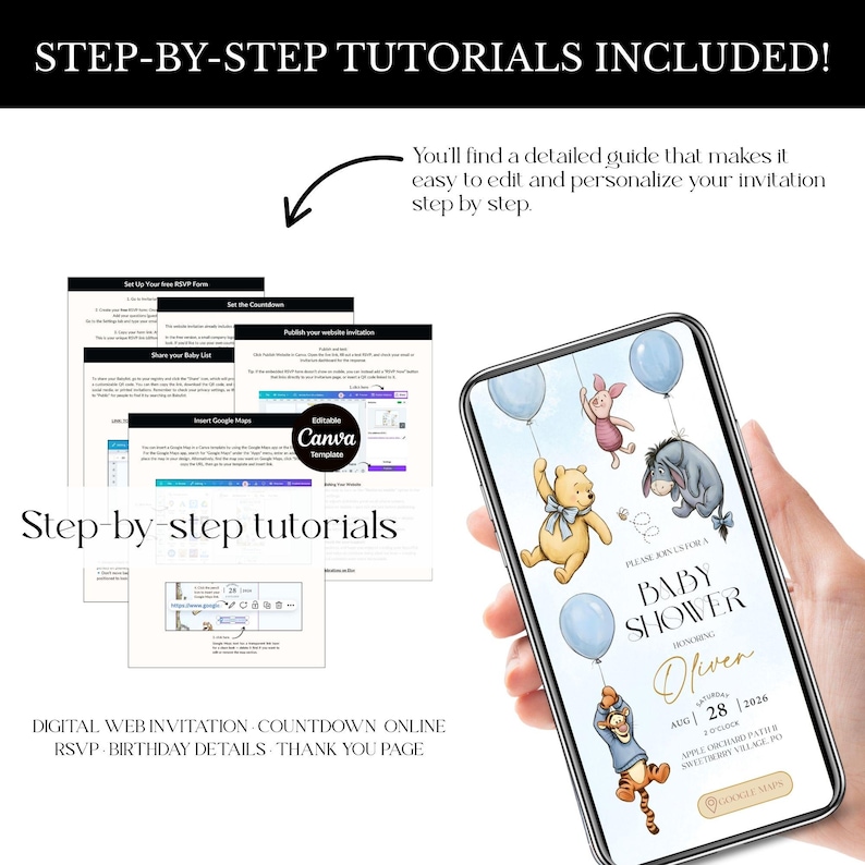 May include: A smartphone displays a baby shower invitation featuring Winnie the Pooh characters and blue balloons. The screen shows the text "Baby Shower" and event details. The image also includes step-by-step tutorial instructions.