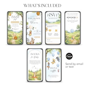 May include: A collection of digital baby shower invitation templates displayed on smartphones. The designs feature Winnie the Pooh characters, soft watercolor illustrations, and text such as "Baby List", "RSVP", and "Diaper Raffle". The overall theme is a baby shower.