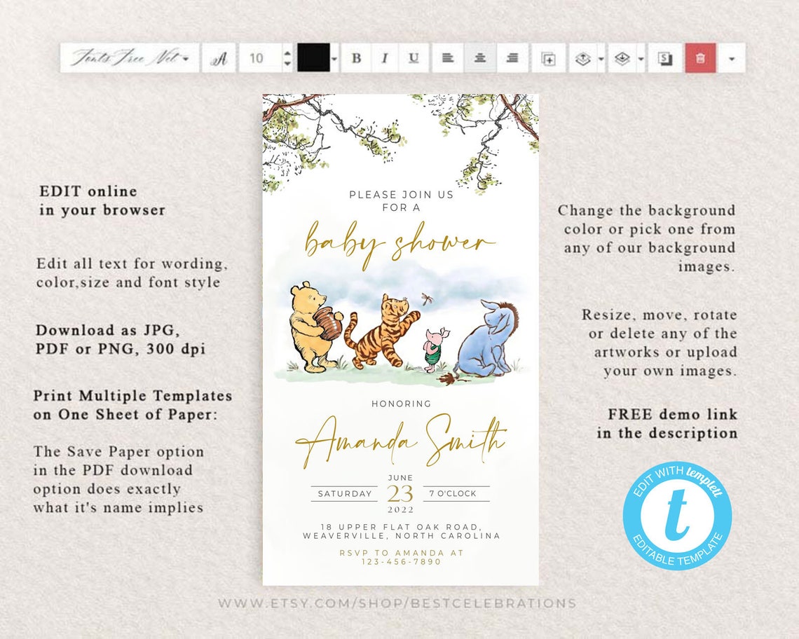 Gender Neutral Winnie the Pooh Evite Classic Winnie the Pooh Etsy