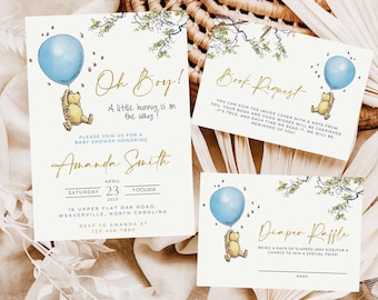 May include: A baby shower invitation set featuring a yellow bear holding a blue balloon, green tree branches, and gold script text. The cards include details for a book request and diaper raffle with event information for Amanda Smith.