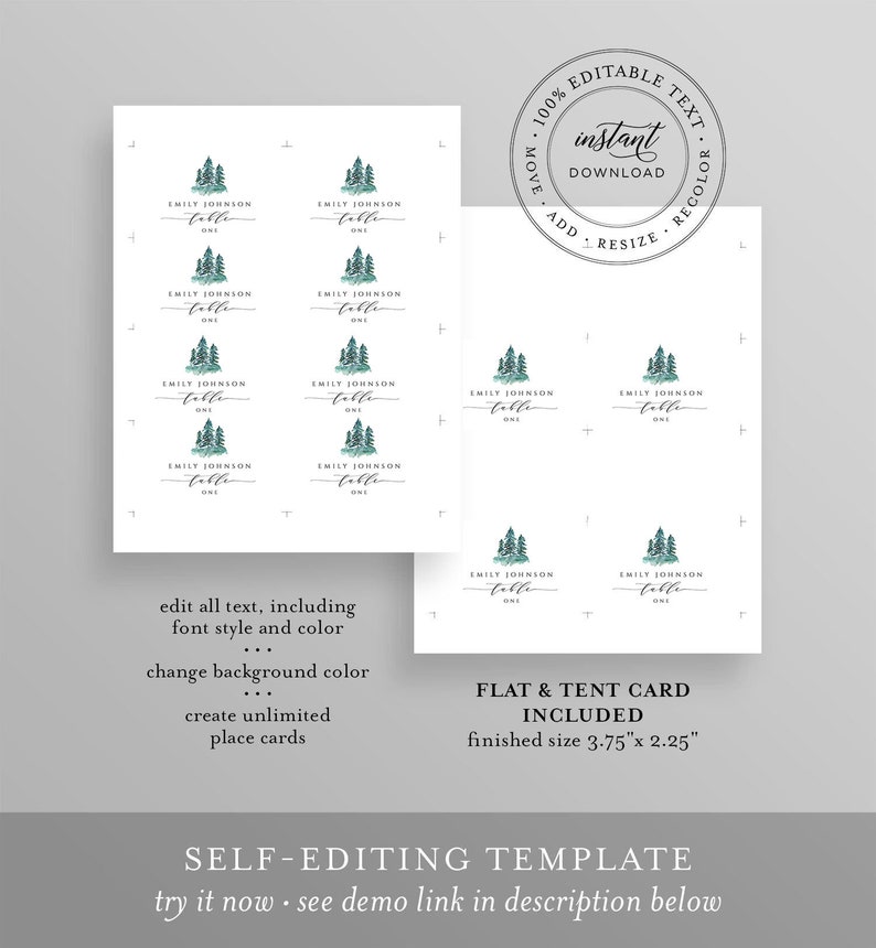 Name Card 100/% Editable Text Pine Place Card Template Templett Printable Rustic Winter Wedding Escort Card INSTANT DOWNLOAD Evergreen