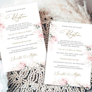 May include: Two white wedding reception cards with pink floral designs and gold lettering. The cards include the text "Please join up to our Reception" and details about the reception location, time, and transportation. The cards are signed "Samantha & Matthew".