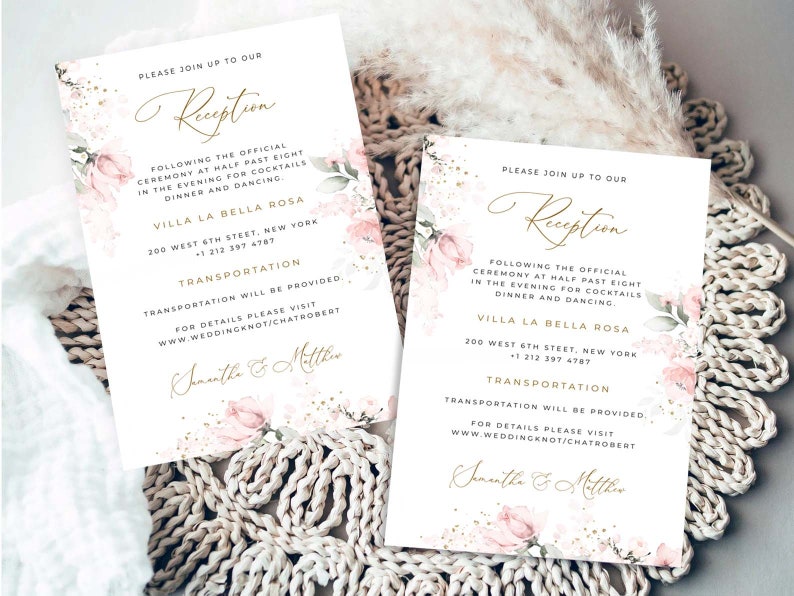 May include: Two white wedding reception cards with pink floral designs and gold lettering. The cards include the text "Please join up to our Reception" and details about the reception location, time, and transportation. The cards are signed "Samantha & Matthew".
