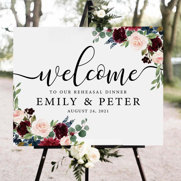 Editable Rehearsal Dinner Welcome Sign, Burgundy  Rehearsal Dinner Sign, Rustic Rehearsal Dinner Sign, Wedding Rehearsal Sign , YOU EDIT