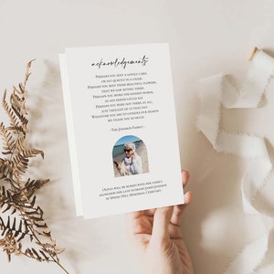 May include: A white card with black text that reads "acknowledgments". The text continues with a poem about sending condolences. A photo of a woman in a blue jacket and sunglasses is in the bottom right corner of the card. The text at the bottom of the card reads "Cremation will be held with her family, alongside her late husband James Johnson in Spring Hill Memorial Cemetery."