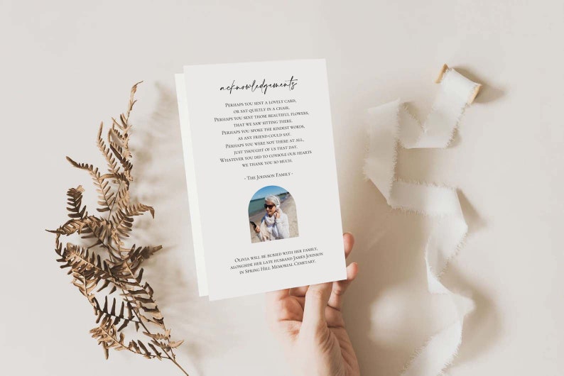 May include: A white card with black text that reads "acknowledgments". The text continues with a poem about sending condolences. A photo of a woman in a blue jacket and sunglasses is in the bottom right corner of the card. The text at the bottom of the card reads "Cremation will be held with her family, alongside her late husband James Johnson in Spring Hill Memorial Cemetery."