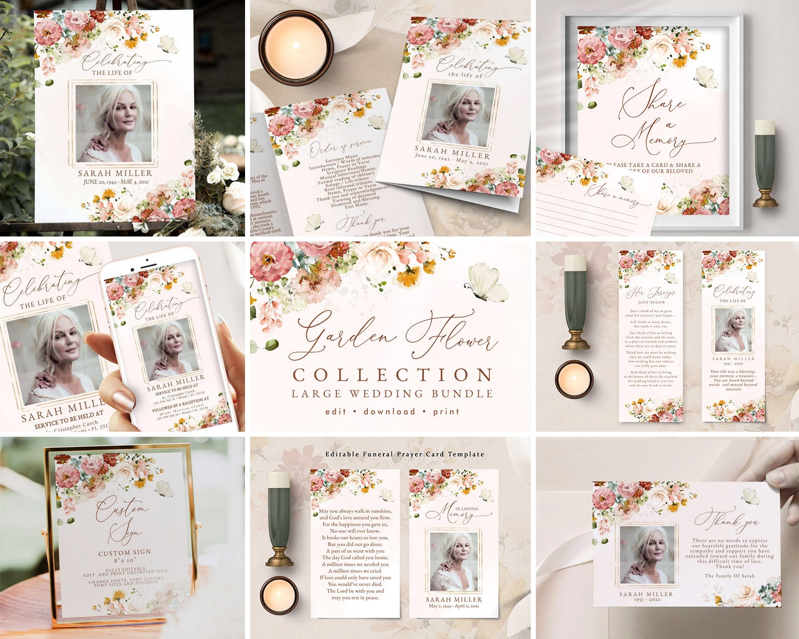 Garden Flower Funeral BUNDLE Set, Memorial Package, Celebration of Life Templates, In Loving Memory Suite, Editable Funeral  Sign, #FNRL