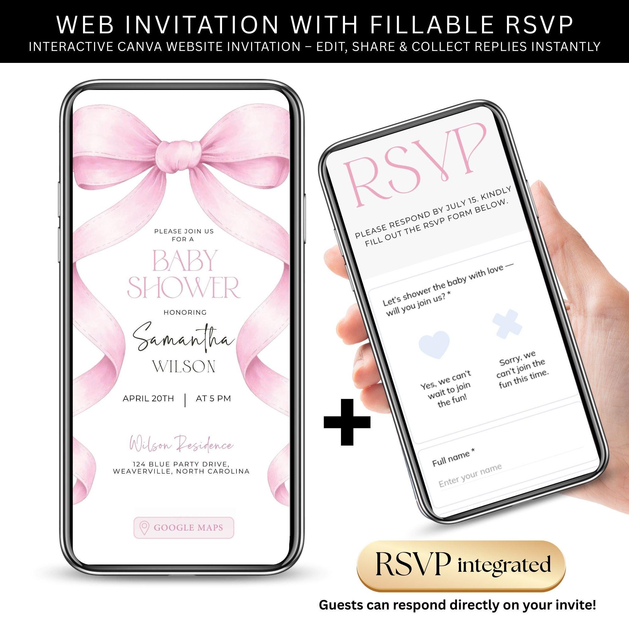 Pink Bow Baby Shower Invitation Editable Template for Girl Digital Baby ...