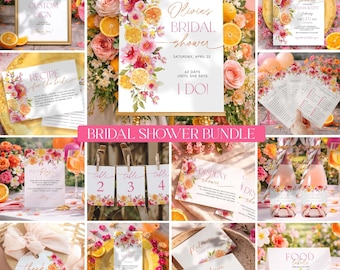 Citrus Bridal Shower Invitation Bundle, Printable Orange Flower Suite, Editable Games, Spring Summer Party Templates CB1