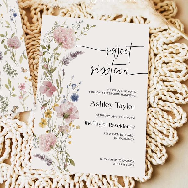 Wildflower Sweet Sixteen Invitation Template: Boho Floral (Printable)