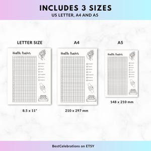 May include: Three white health tracker printables in US Letter (8.5 x 11 inches), A4 (210 x 297 mm), and A5 (148 x 210 mm) sizes. Each tracker features a grid for tracking health metrics, with illustrations of a brain, watch, and typewriter. Text includes "Health Tracker".