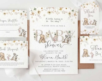 Winnie the Pooh Gender Neutral Baby Shower Invitation Bundle, Editable Canva Template WTPG