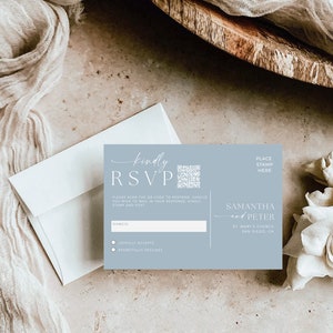 Faire-part de mariage bleu poussiéreux avec code QR, suite d'invitation de mariage minimaliste, ensemble minimal moderne, modèle d'invitation modifiable simple, MM2 image 5