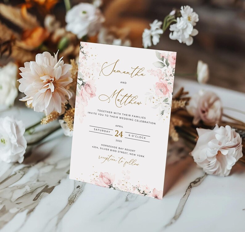 May include: Wedding invitation with a floral design featuring pink and white flowers. The invitation reads "Samantha and Matthew" with the date "April 24, 2025" and the time "6 o'clock". The invitation also includes the location "Horseshoe Bay Resort, 4254 Silver Bird Street, New York" and the phrase "Reception to follow".