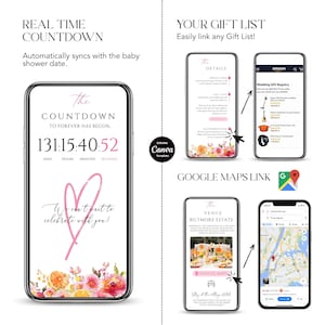 May include: A digital invitation design with a countdown timer, gift list, and map integration. The main screen displays a countdown with the text "The Countdown to Forever Has Begun." Floral accents and a heart graphic are included.