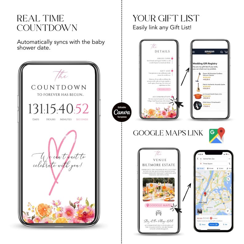 May include: A digital invitation design with a countdown timer, gift list, and map integration. The main screen displays a countdown with the text "The Countdown to Forever Has Begun." Floral accents and a heart graphic are included.