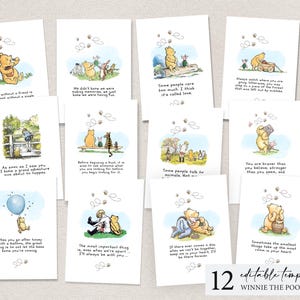Klassieke Winnie de Pooh-citaat 12 Pooh-citaten bundel bewerkbare afdrukbare templates voor babyshower verjaardag middelpunt feestdecoratie canva