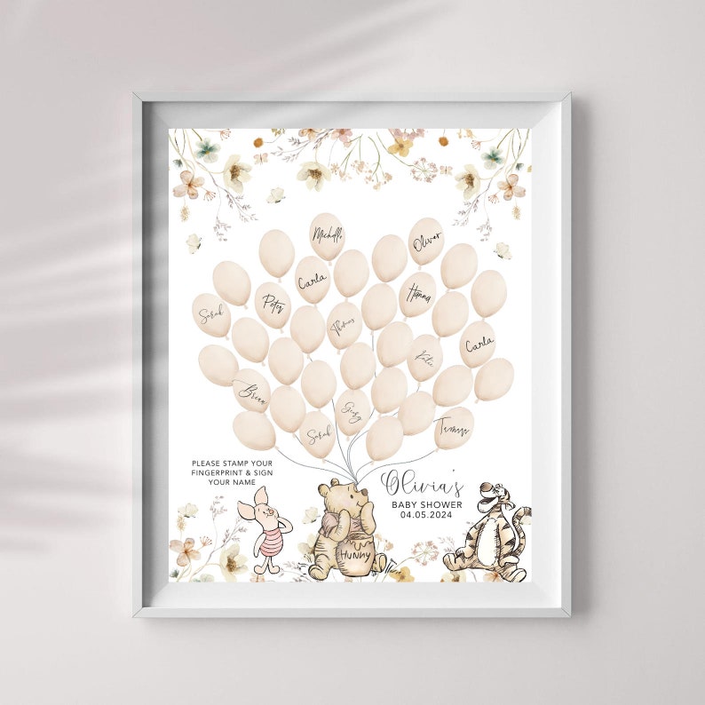 May include: A Winnie the Pooh themed baby shower guest book with a white background and a floral design. The guest book features a tree with balloons for guests to sign their names. The text "Olivia's Baby Shower 04.05.2024" is at the bottom of the page.