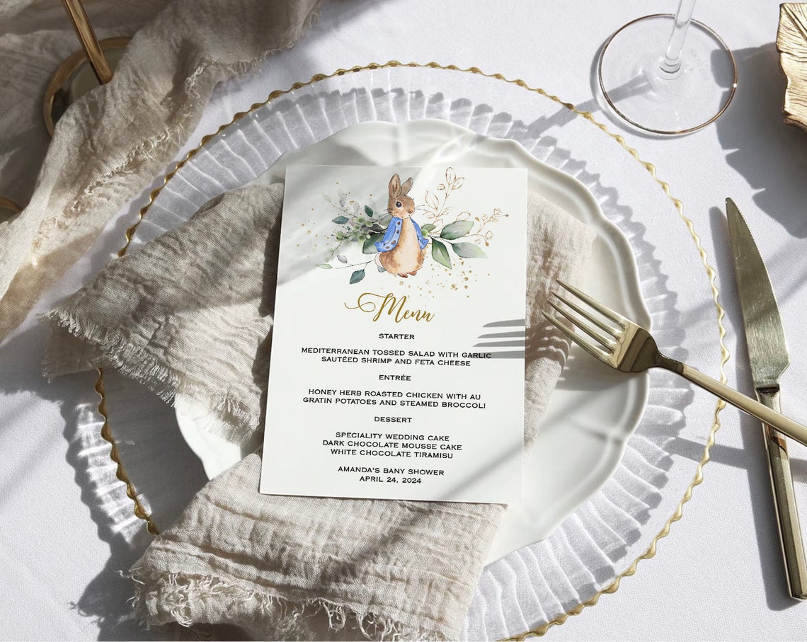Peter Rabbit Menu Template, Menu Card Template, Baby Shower Menu ...
