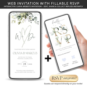 Pode incluir: Dois smartphones exibindo um convite de casamento e um formul&aacute;rio RSVP. O convite apresenta detalhes florais, o texto "We Do" e detalhes do casamento de Olivia e Marcus em 28 de agosto de 2026. O formul&aacute;rio RSVP inclui o texto "RSVP integrado".
