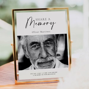 Letrero y tarjetas editables para compartir un recuerdo, plantilla para compartir un recuerdo con fotos, descarga instantánea, letrero y tarjetas, plantilla de obituario Canva #FNRL
