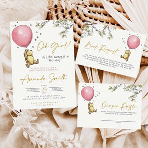 Pacchetto di inviti Winnie The Pooh, Oh Girl Edtable Palloncino rosa Baby Shower Pannolini Raffle Book Richiesta Biglietto di ringraziamento Modelli Canva #CP1