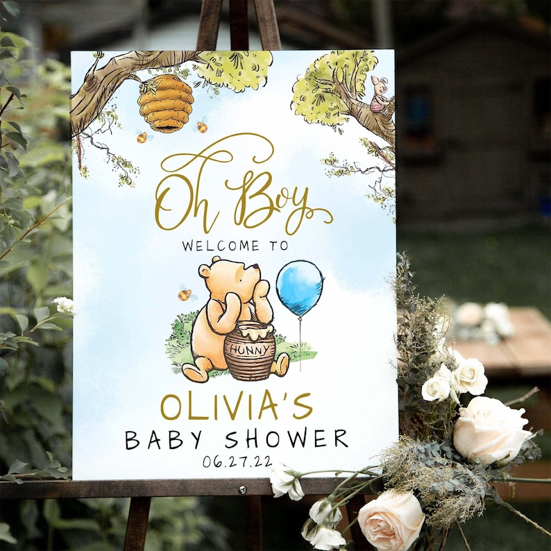 Winnie The Pooh Baby Shower Welcome Sign, Blue Balloon Oh Boy, Editable Canva Template
