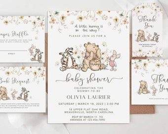 Winnie The Pooh Invitation, Gender Neutral Baby Shower Bundle, Editable Invite, Book Request, Diaper Raffle, Thank You Tag and Card #WTPG