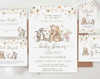 Winnie The Pooh Invitation, Gender Neutral Baby Shower Bundle, Editable Invite, Book Request, Diaper Raffle, Thank You Tag and Card #WTPG