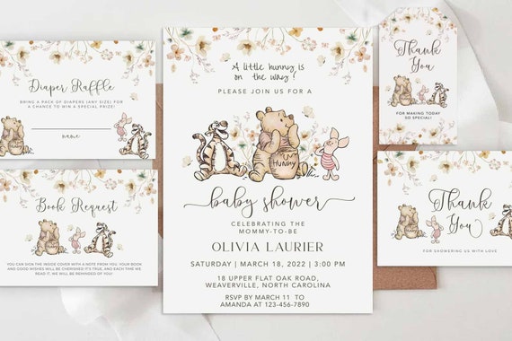Winnie-the-Pooh BABY SHOWER Invitation Set, Editable Classic Winnie Pooh Canva Template WTPG
