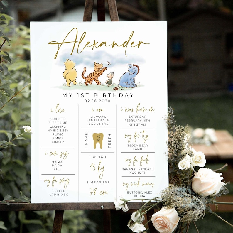 K&ouml;nnte beinhalten: Ein Winnie-the-Pooh-First-Birthday-Schild f&uuml;r einen Jungen namens Alexander. Das Schild listet sein Geburtsdatum, sein Gewicht, seine Gr&ouml;&szlig;e, seine Lieblingsessen, Spielzeuge und Lieder auf. Das Schild ist mit Illustrationen von Winnie Puuh, Tigger, Ferkel und Esel dekoriert.